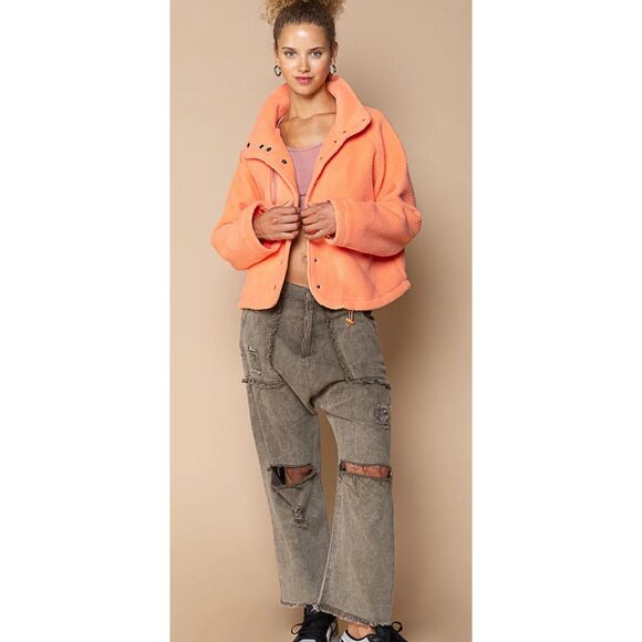 Pol neon orange Nellie Sherpa cropped snap button up jacket Medium - Picture 2 of 9